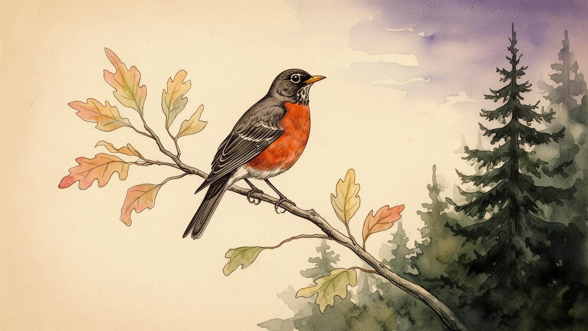 Watercolor illustration of an American Robin perched on an autumn branch